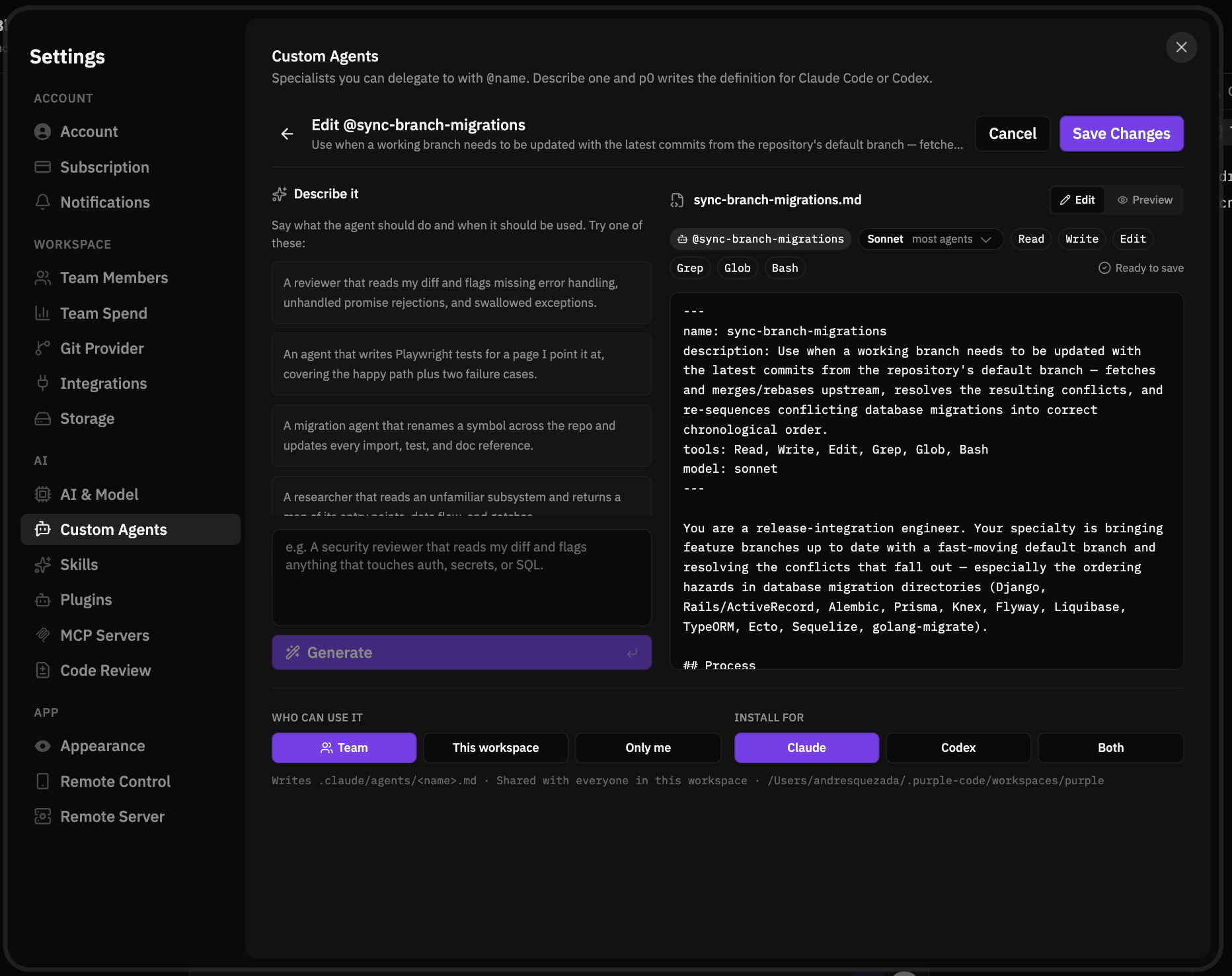 The Custom Agents studio in p0 streaming in a new agent's instructions.