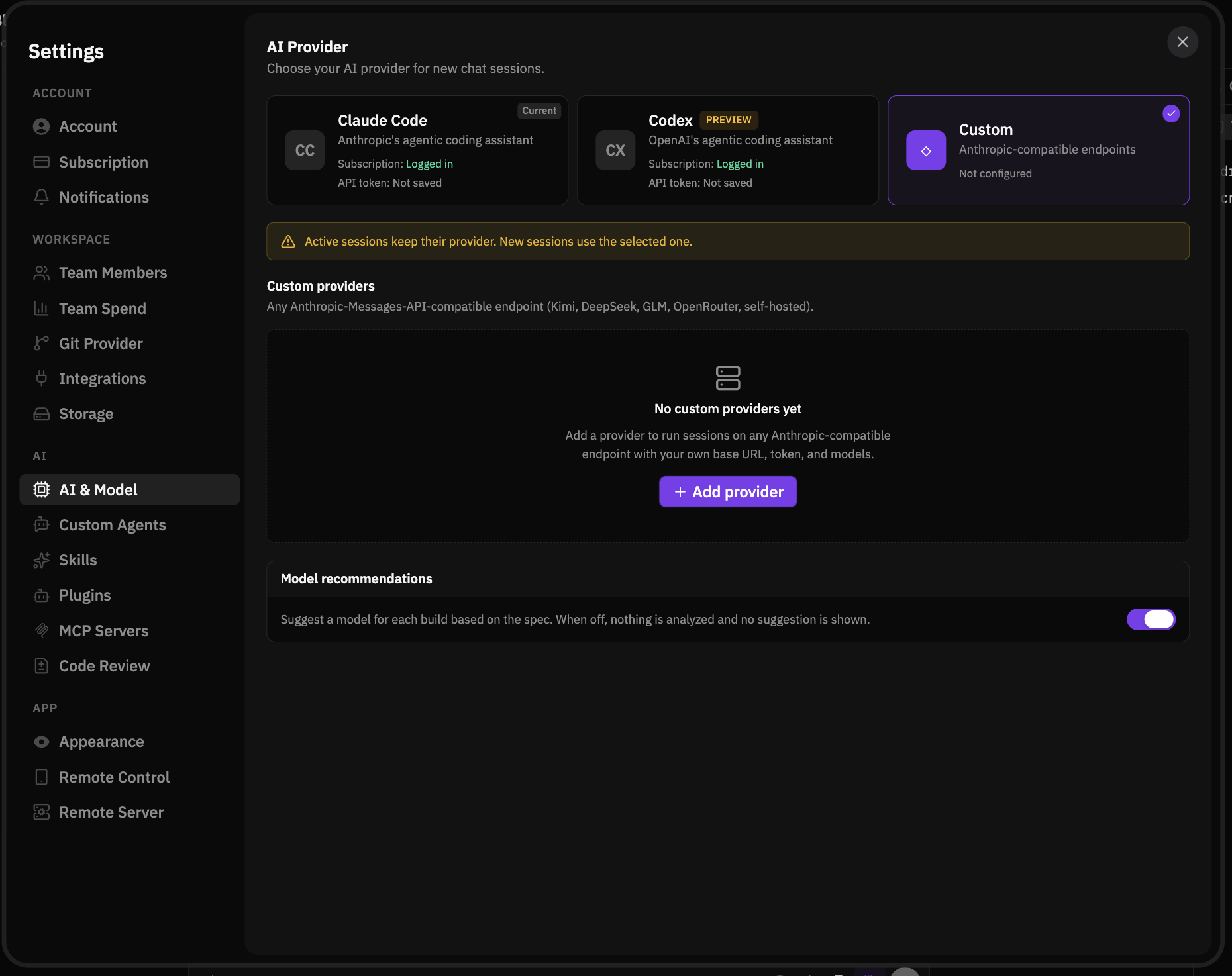 The p0 AI & Model settings showing a custom Anthropic-compatible provider being added.
